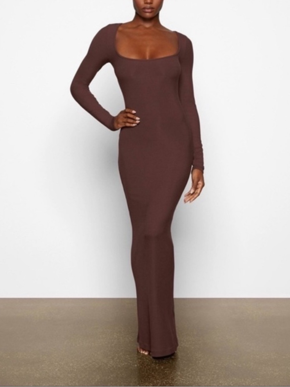 Skims Soft Lounge Long Sleeve Dress Cocoa Ribbed Jersey Women’s Medium